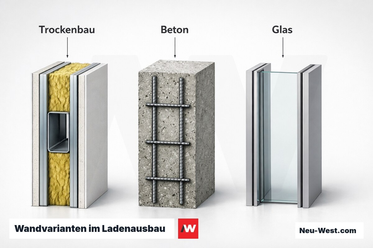 Wandvarianten im Ladenausbau — Schalldämm-Maß Rw und Flächenbedarf im Vergleich – Erklär-Grafik (NEUWEST Berlin)