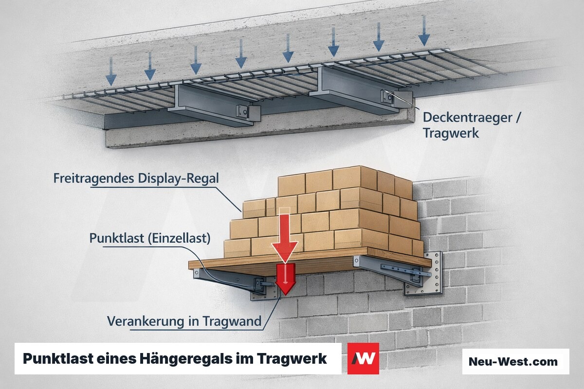 Cutaway-Grafik: freitragendes Display-Regal erzeugt konzentrierte Punktlast auf Tragwand und Deckenträger im Ladenausbau.