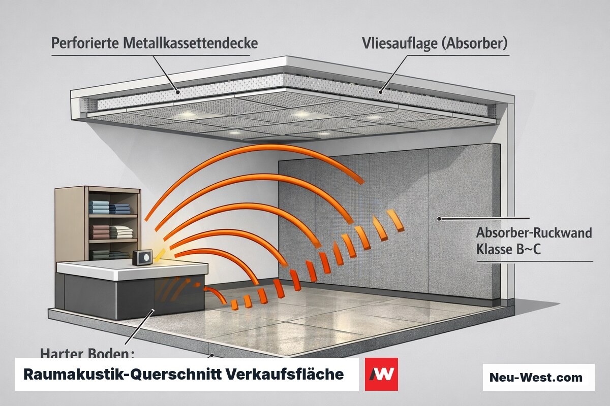 Querschnitt einer Verkaufsfläche mit perforierter Metallkassettendecke, Vliesabsorber, Absorber-Rückwand und hartem Boden, der Schallreflexionen zeigt.