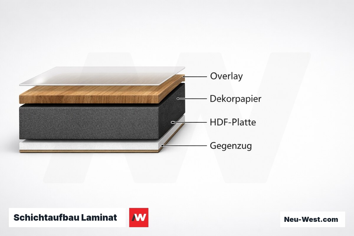 Schichtaufbau Laminat: Funktion jeder Lage – Erklär-Grafik (NEUWEST Berlin)