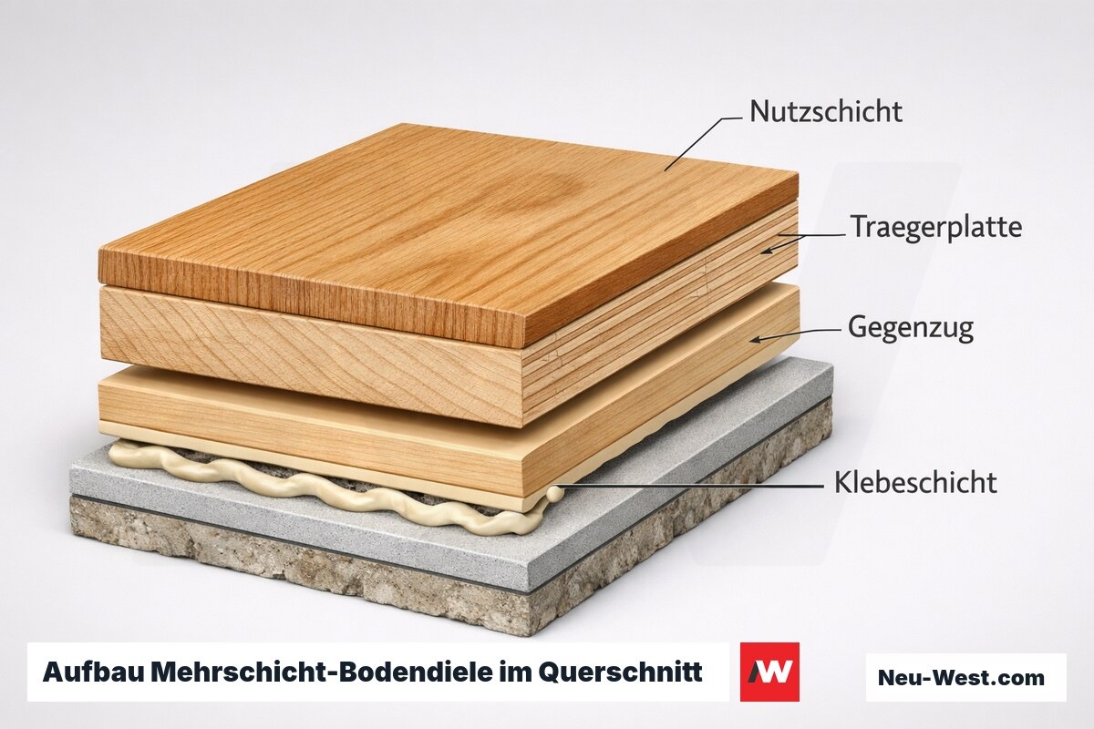 Querschnitt einer Mehrschicht-Bodendiele mit Nutzschicht, Trägerplatte, Gegenzug und Klebeschicht zur Bewertung von Nachschleifbarkeit und Langzeitkosten.