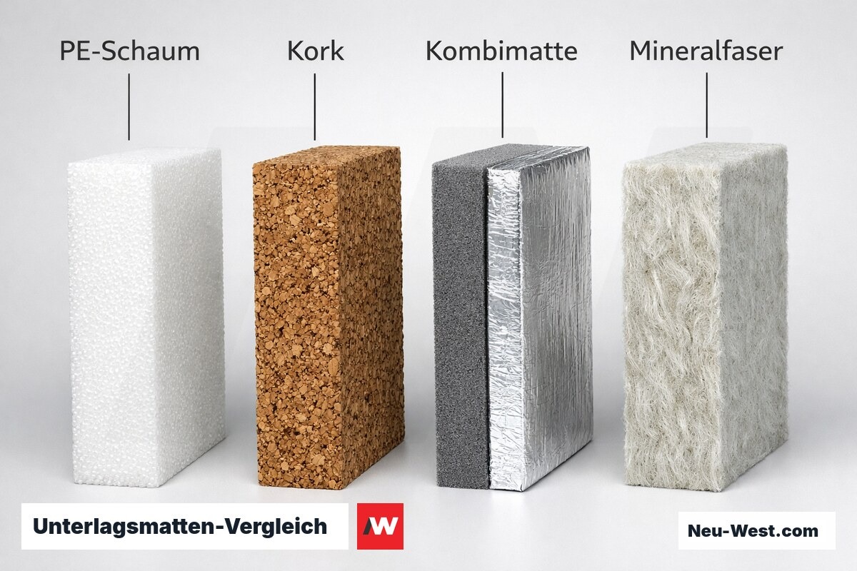 Unterlagsmatten-Vergleich: Trittschall, Feuchte und Hoehe – Erklär-Grafik (NEUWEST Berlin)