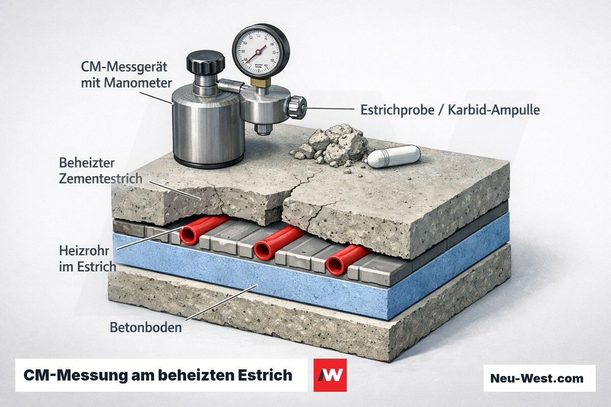 Querschnitt eines beheizten Zementestrichs mit Heizrohren und CM-Messgerät zur Bestimmung der Restfeuchte vor der Belegreife.