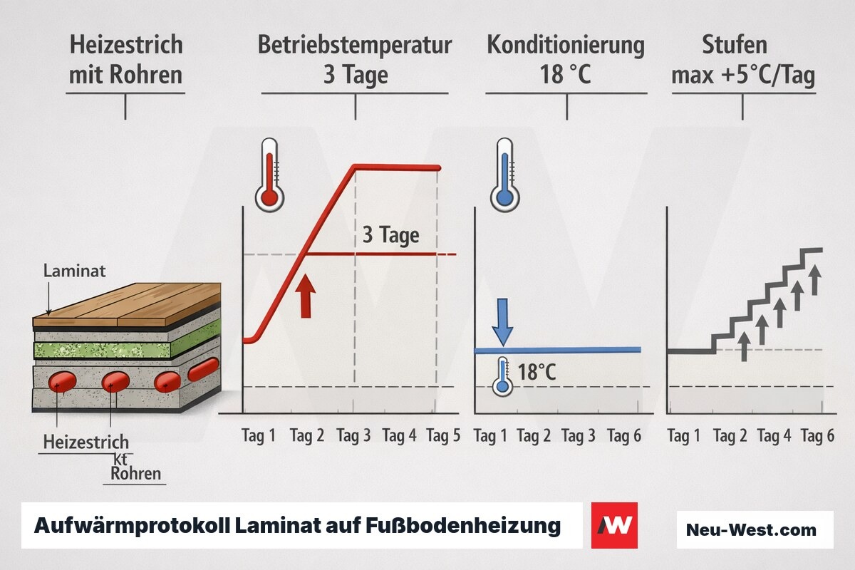 Temperatur-Zeit-Diagramm des Aufwärmprotokolls für Laminat auf Fußbodenheizung: Aufheizen, Konditionierung auf 18 °C und stufenweise Steigerung nach der Verlegung.