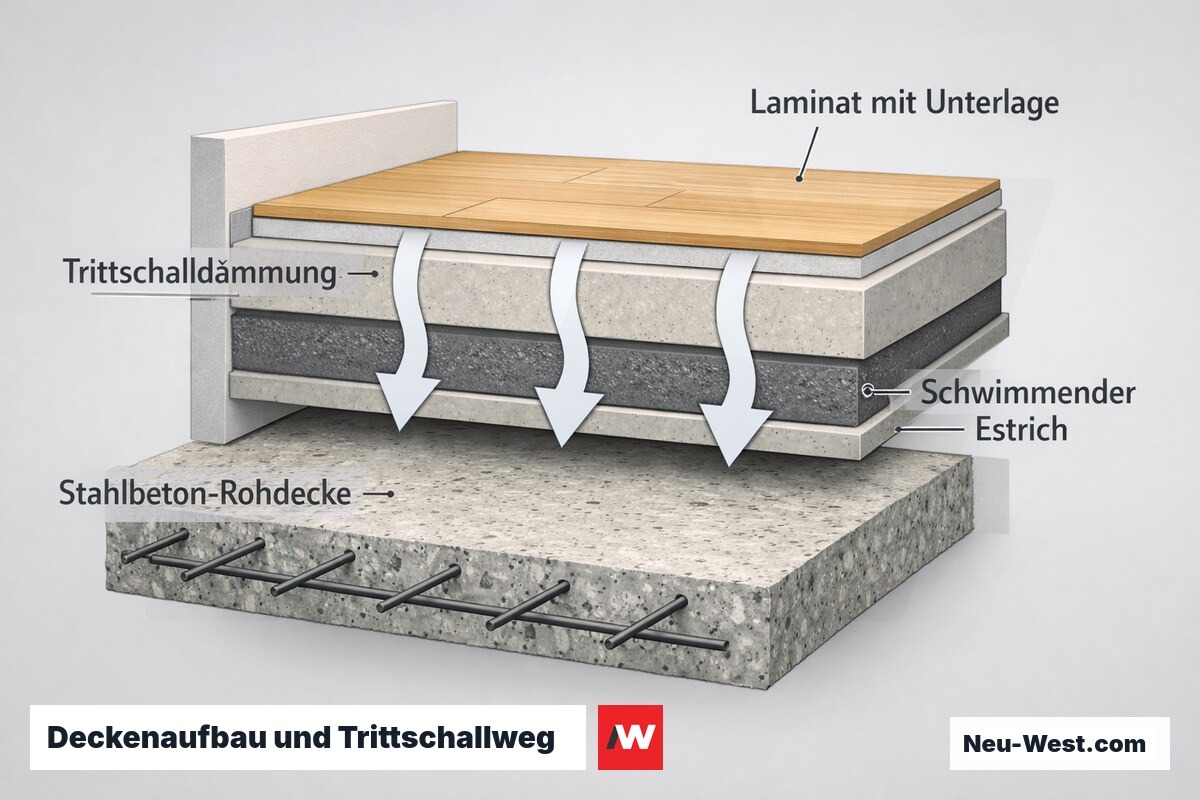 Querschnitt eines Wohnungs-Deckenaufbaus mit Rohdecke, Trittschalldämmung, schwimmendem Estrich und Laminat, dazu Schallweg nach unten.