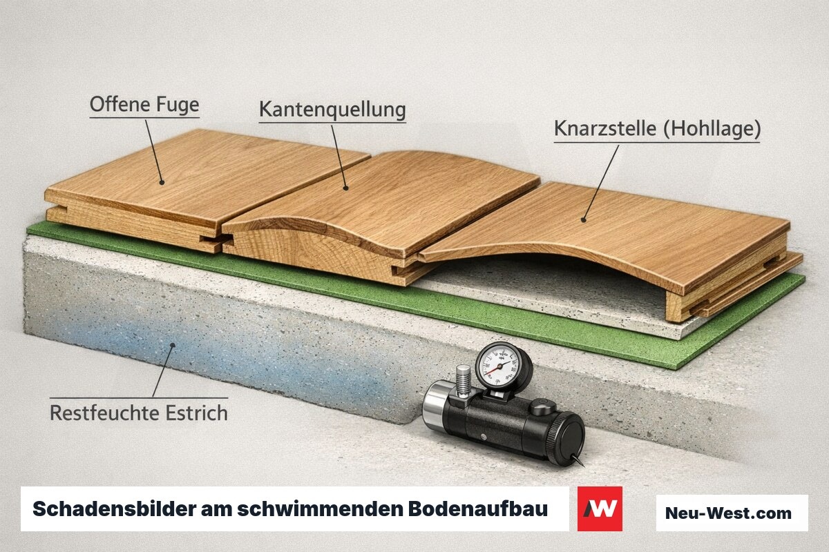 Cutaway-Detail eines schwimmenden Bodenaufbaus mit offener Fuge, Kantenquellung, Hohllage und Restfeuchte im Estrich samt CM-Messgerät.