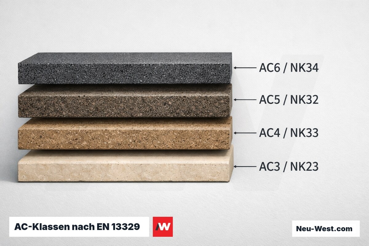 AC-Klassen nach EN 13329 – Abriebwiderstand und Nutzklasse – Erklär-Grafik (NEUWEST Berlin)