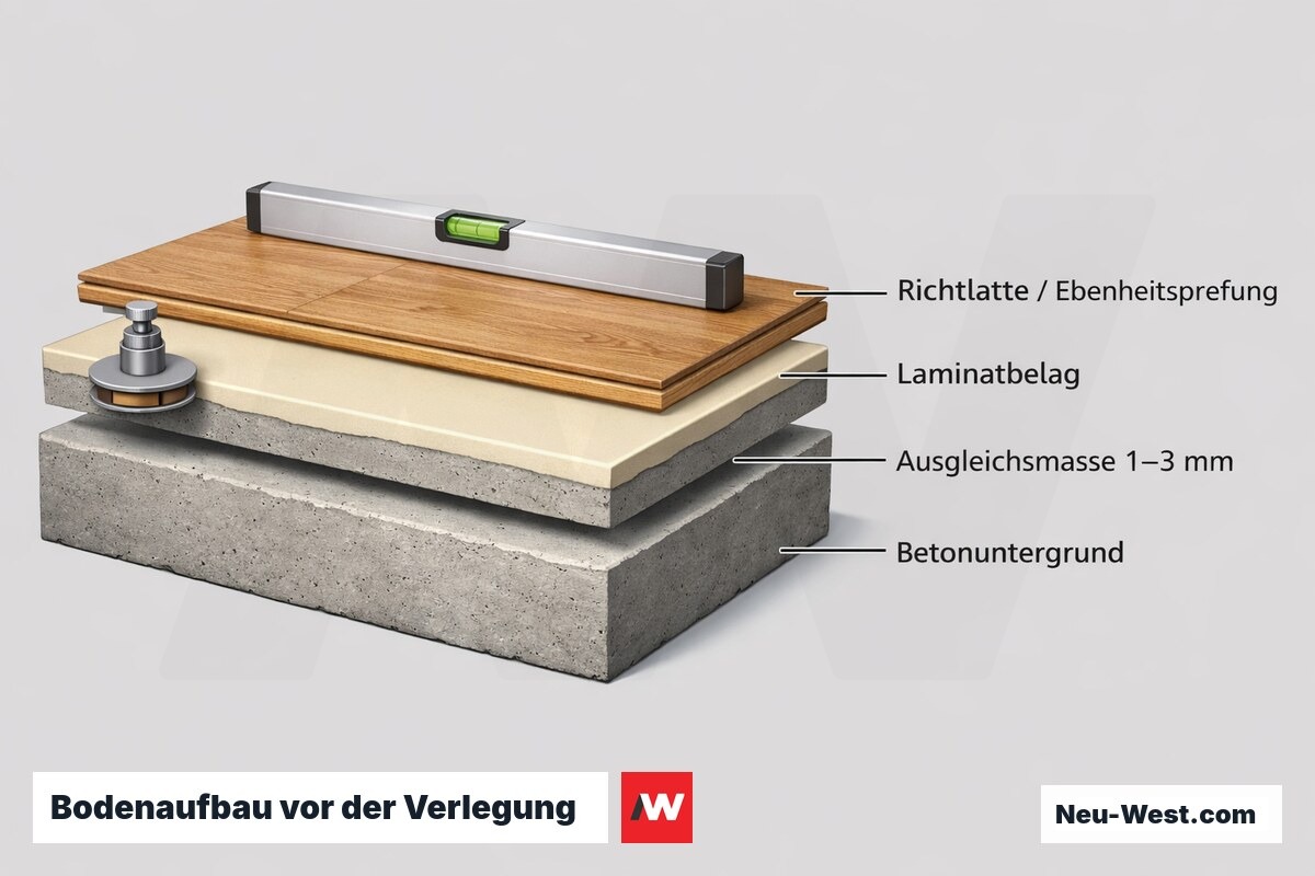 Querschnitt des Bodenaufbaus: Betonuntergrund, dünne Ausgleichsmasse und Laminatbelag mit Richtlatte zur Ebenheitsprüfung vor der Verlegung.