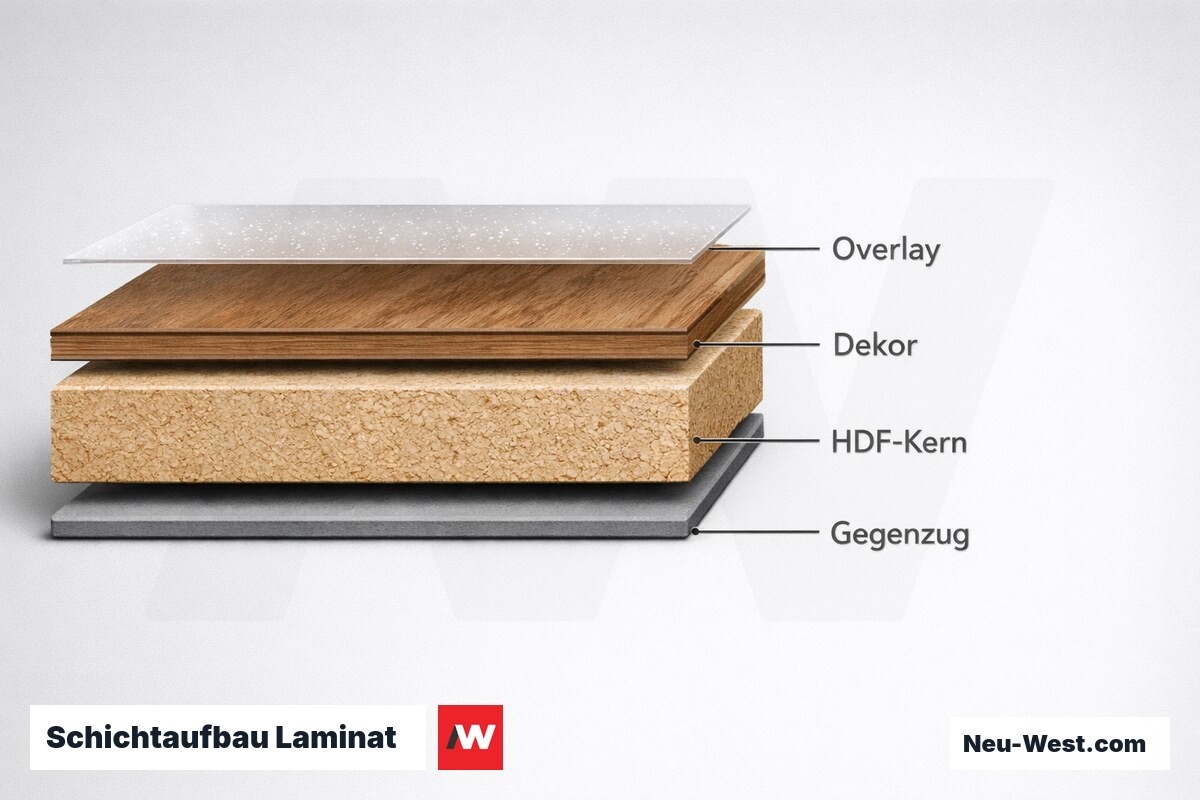 Schichtaufbau Laminat – Funktion und Dicke je Lage – Erklär-Grafik (NEUWEST Berlin)