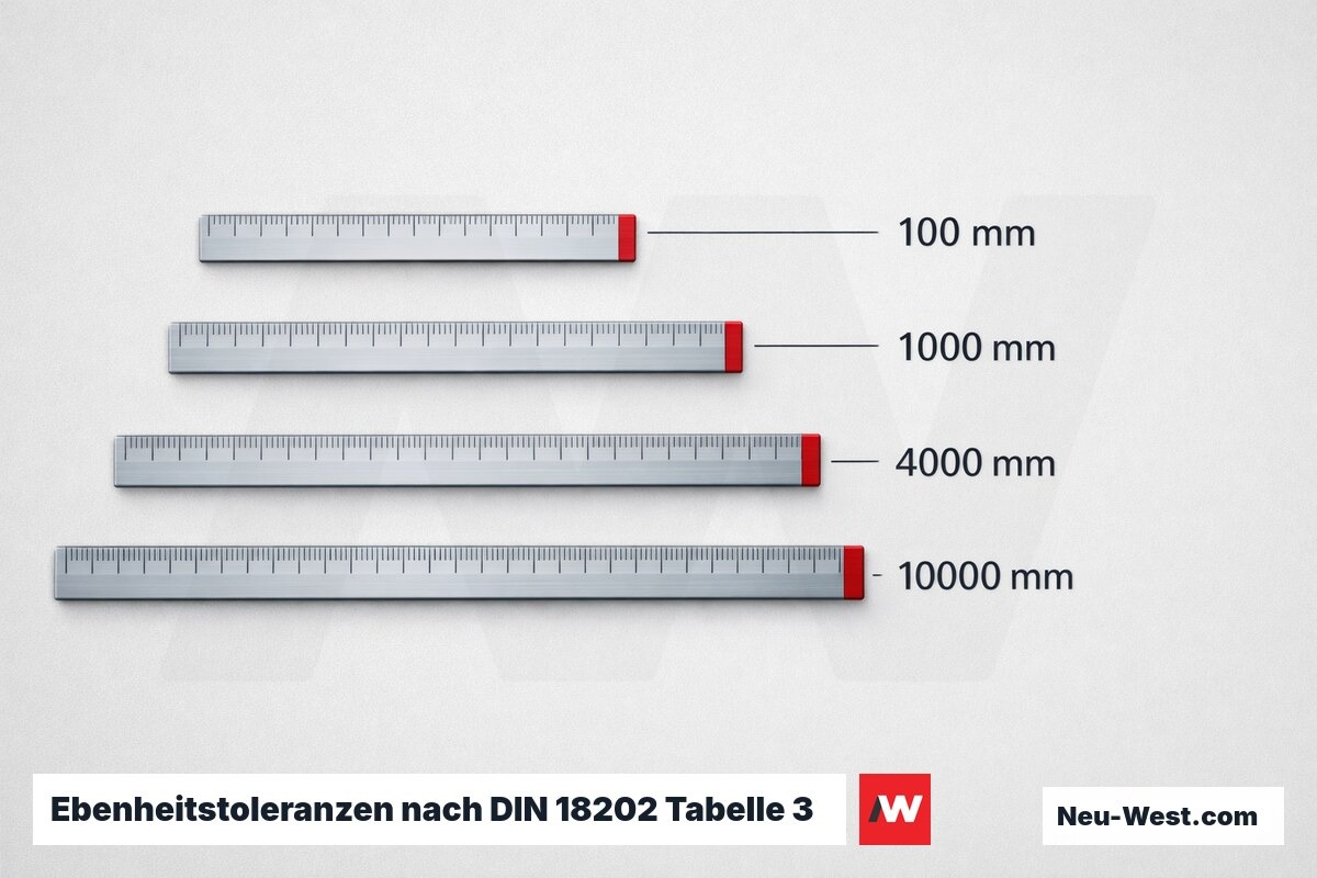 Ebenheitstoleranzen nach DIN 18202 Tabelle 3 – Messlängen und Grenzwerte – Erklär-Grafik (NEUWEST Berlin)