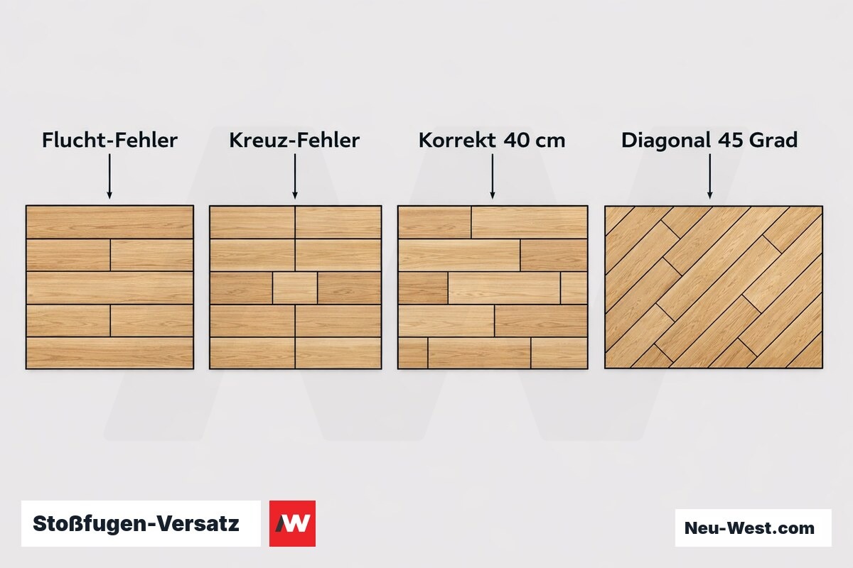 Stoßfugen-Versatz: Fehler-Muster vs. korrekte Verlegung – Erklär-Grafik (NEUWEST Berlin)