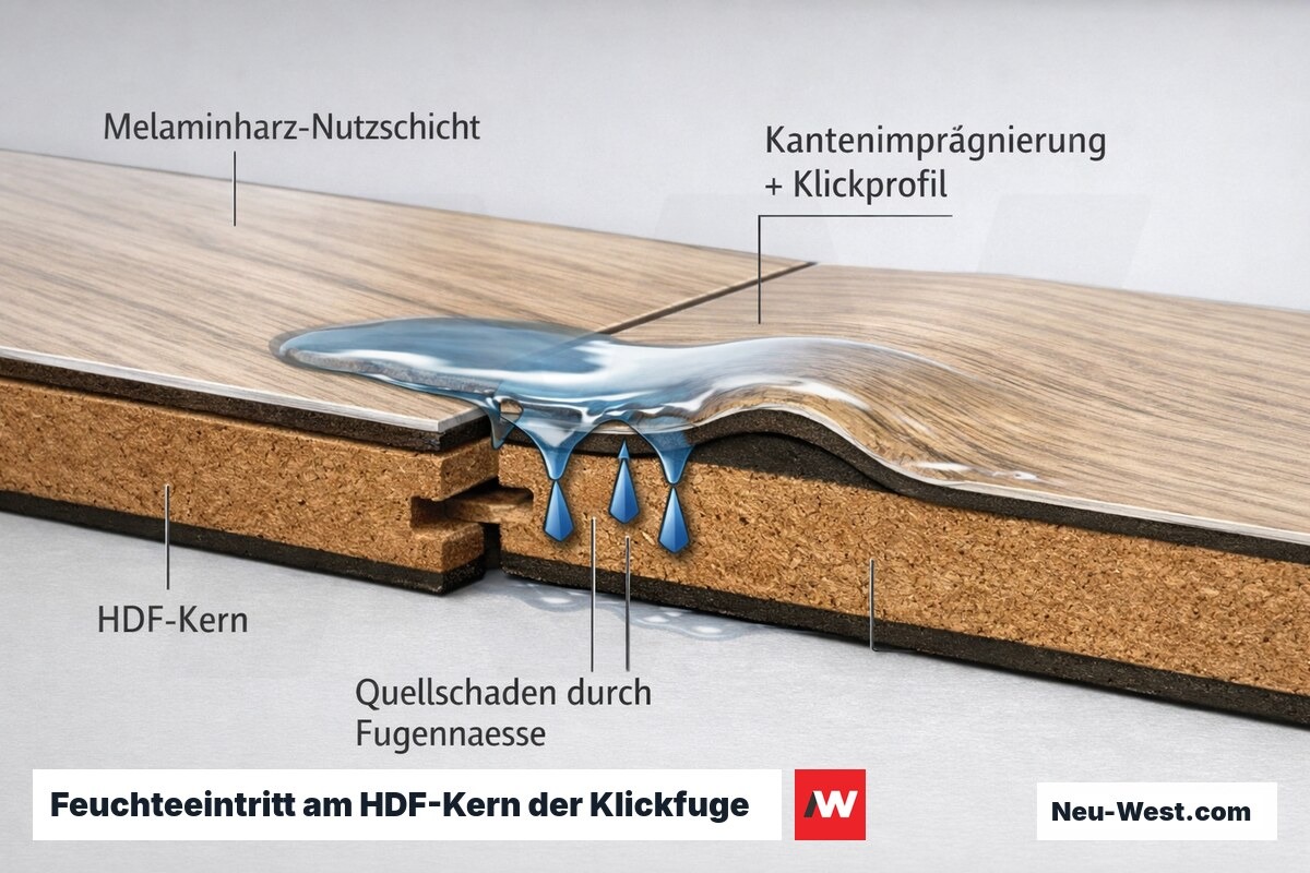 Querschnitt einer Laminat-Klickfuge: Melaminschicht schützt nur oben, Nässe dringt in HDF-Kern ein und verursacht Quellschaden an der Kante.