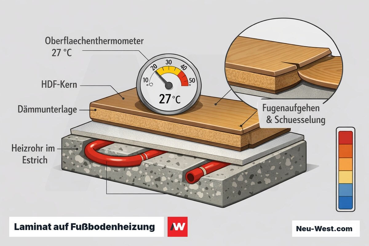 Querschnitt Laminat auf Fußbodenheizung mit Heizrohren im Estrich, HDF-Kern, Oberflächenthermometer und thermisch bedingtem Fugenaufgehen.