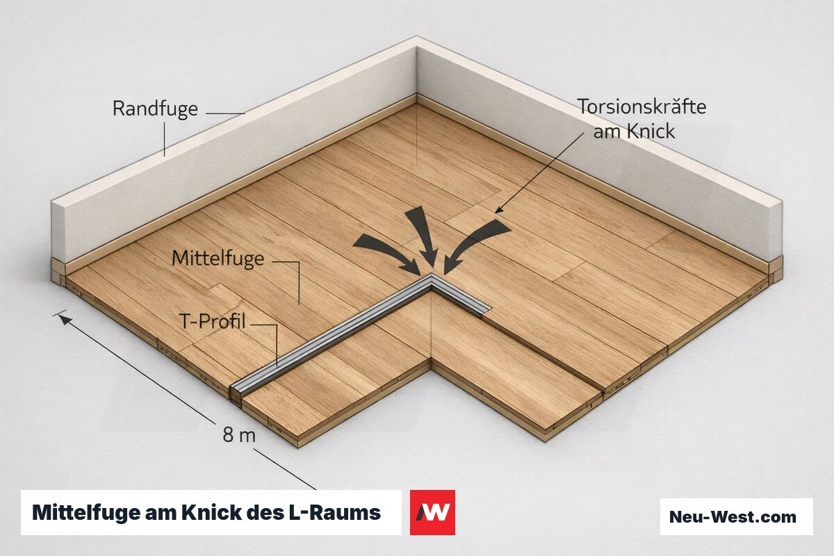 Grundriss eines L-förmigen Raums mit schwimmendem Klickboden, durchgehender Mittelfuge und T-Profil am Knickpunkt, Torsionskräfte markiert.