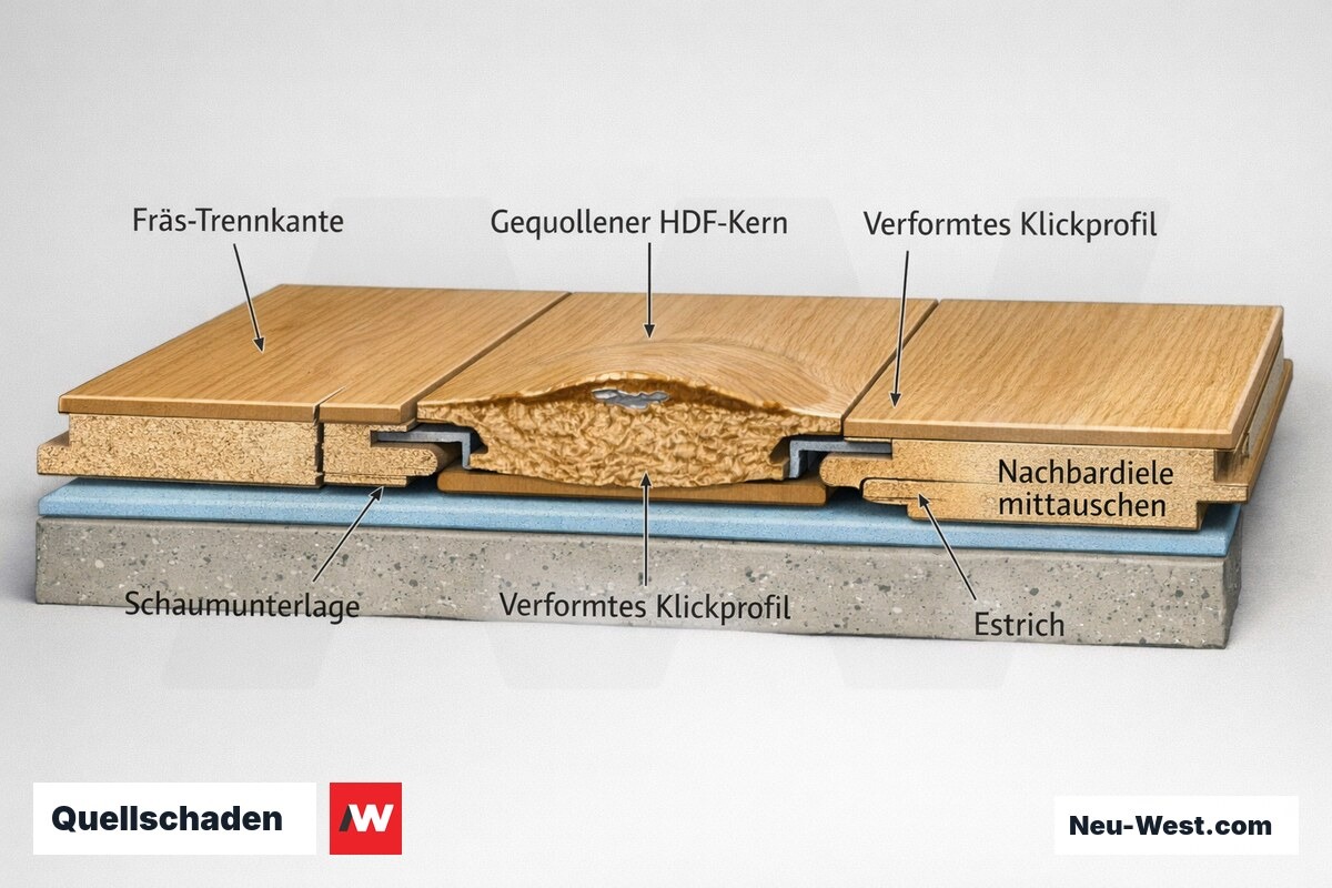 Querschnitt einer Laminatdiele mit gequollenem HDF-Kern, der die Klickprofile benachbarter Dielen plastisch verformt, plus Fräs-Trennkante.