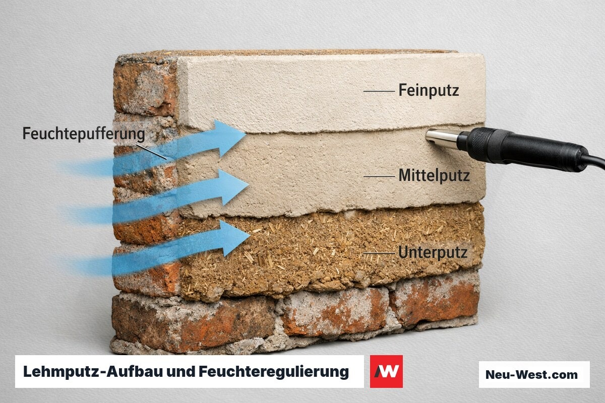 Makro-Schnittansicht dreischichtiger Lehmputz auf Altbau-Mauerwerk mit schematischer Darstellung der Feuchte­bewegung