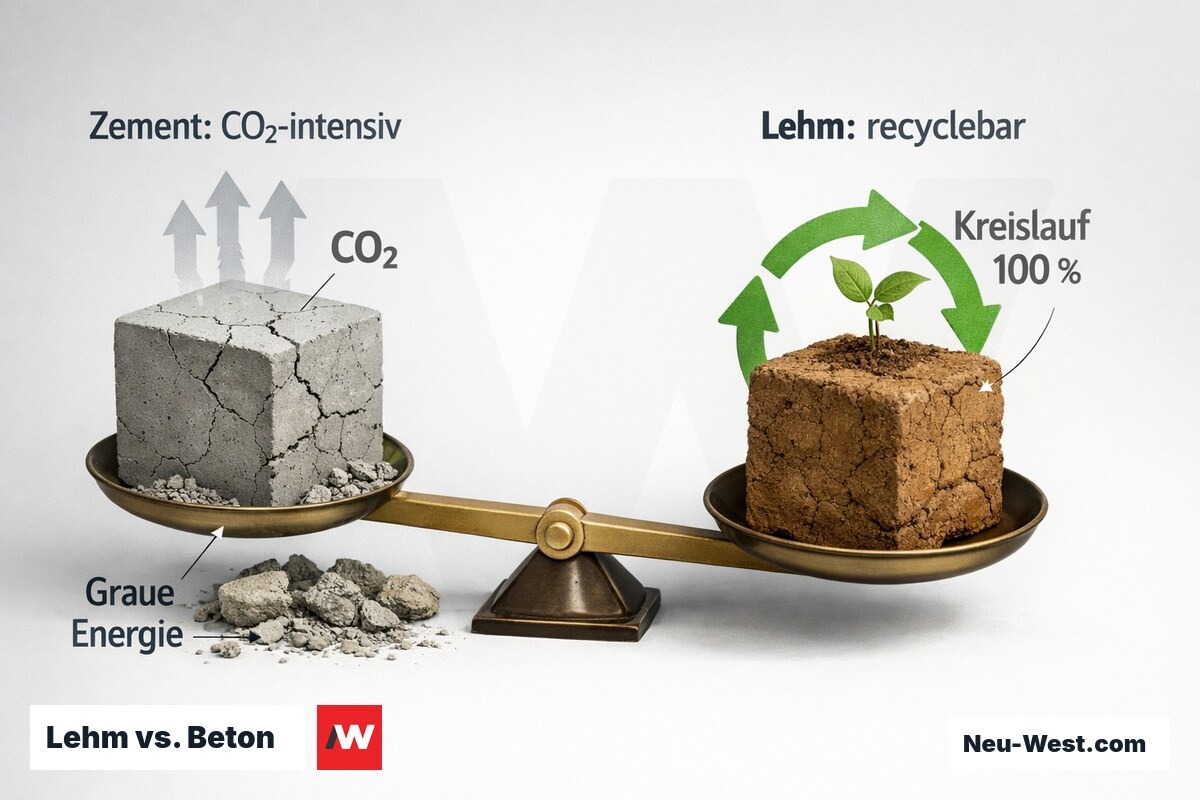 Gegenüberstellung Zementblock mit CO₂-Emissionen und Lehmblock mit Recycling-Kreislauf auf Waage, Lehm als nachhaltiger Sieger