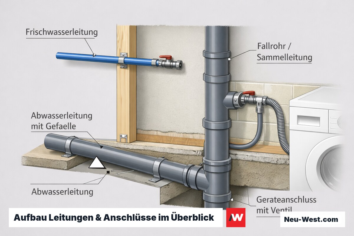 Querschnitt eines Hauses mit blauer Frischwasserleitung, Abwasserleitung mit Gefälle, Fallrohr und Geräteanschluss mit Absperrventil.