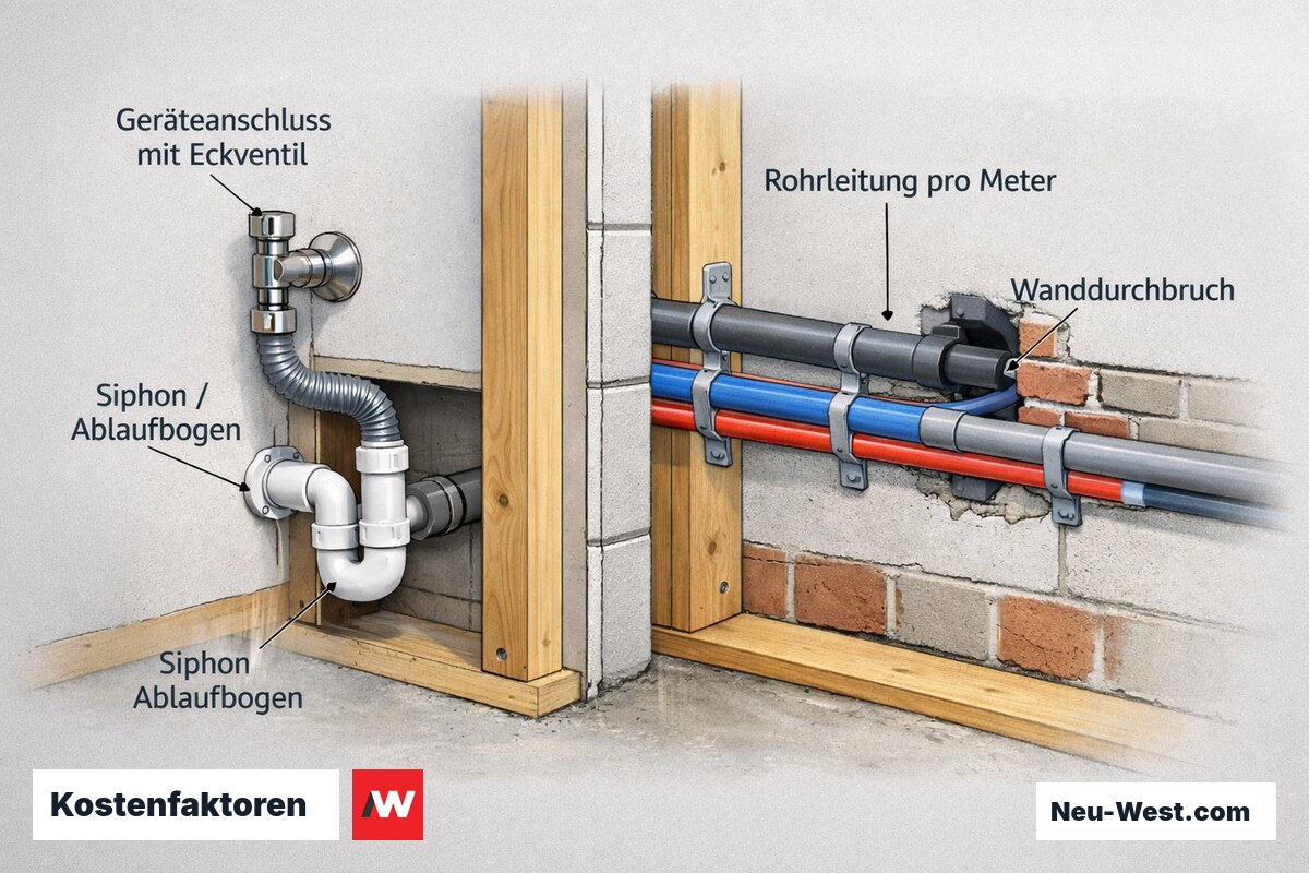 Querschnitt-Vergleich: einzelner Geräteanschluss mit Eckventil und Siphon gegenüber mehrere Meter Rohrleitung mit Wanddurchbruch und Rohrschellen.