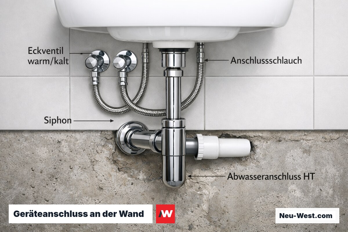 Wanddetail eines Geräteanschlusses mit Eckventilen, Anschlussschläuchen, Siphon und HT-Abwasseranschluss.