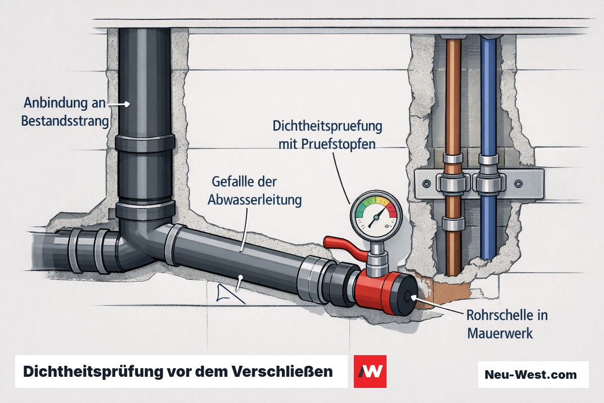 Wandquerschnitt mit Abwasserleitung im Gefälle, Prüfstopfen und Druckprüfgerät für die Dichtheitsprüfung sowie Rohrschellen im Mauerwerk.