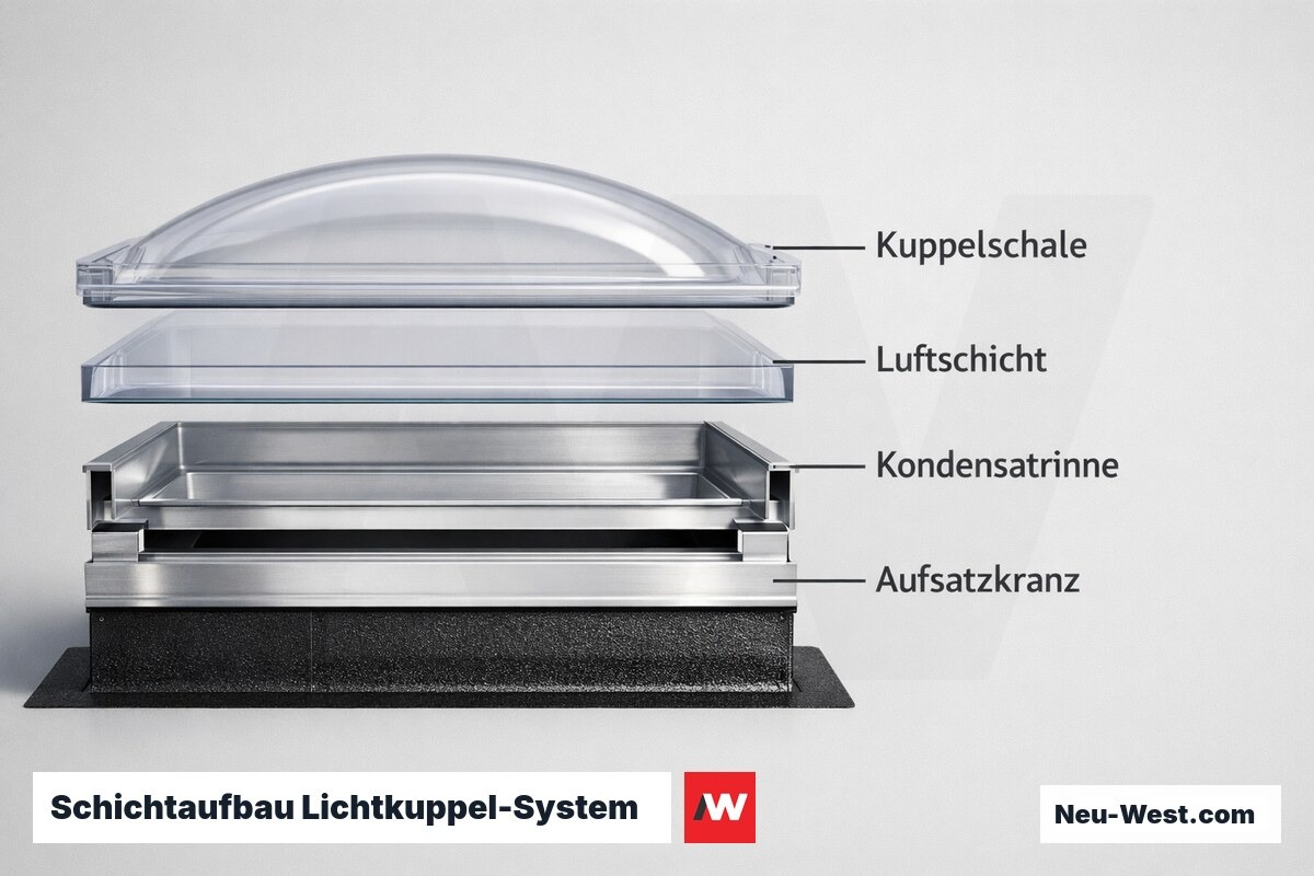 Schichtaufbau Lichtkuppel-System: Schnittansicht – Erklär-Grafik (NEUWEST Berlin)