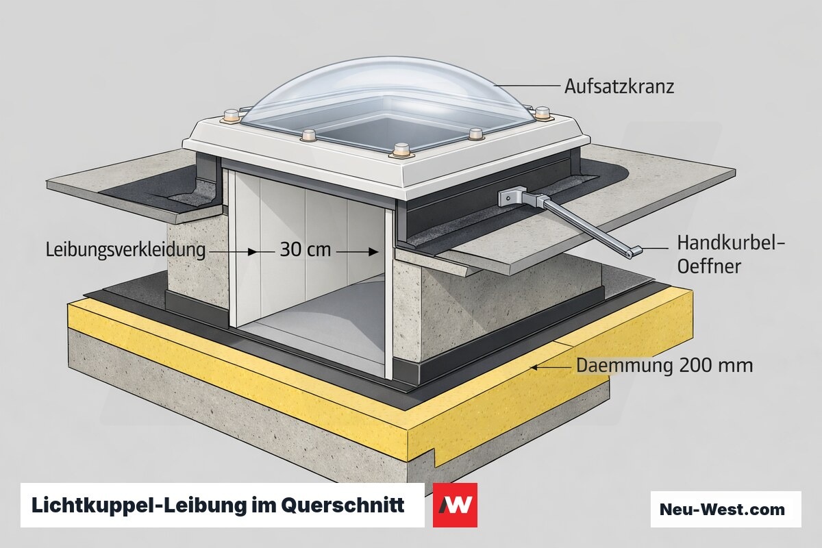 Querschnitt einer Lichtkuppel im Warmdach mit tiefer Leibungsverkleidung, 200 mm Dämmung, Aufsatzkranz und manuellem Handkurbel-Öffner.