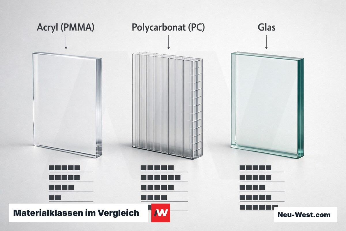 Materialklassen im Vergleich: PMMA, PC und Glas – Erklär-Grafik (NEUWEST Berlin)