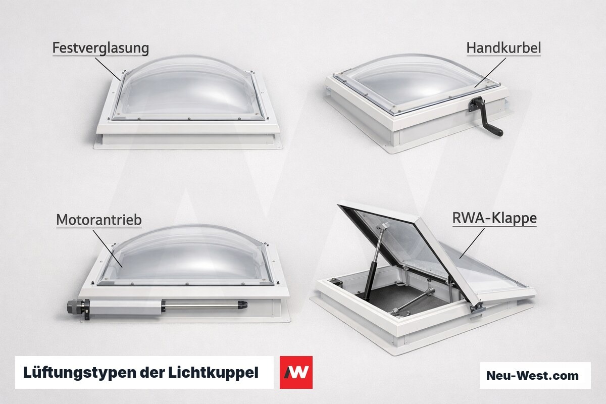 Lüftungstypen der Lichtkuppel: Übersicht Antrieb und Funktion – Erklär-Grafik (NEUWEST Berlin)