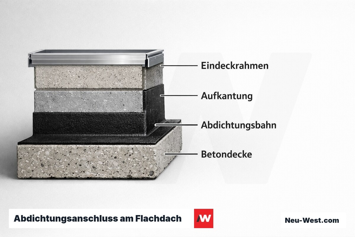 Abdichtungsanschluss am Flachdach: Eindeckrahmen-Varianten – Erklär-Grafik (NEUWEST Berlin)