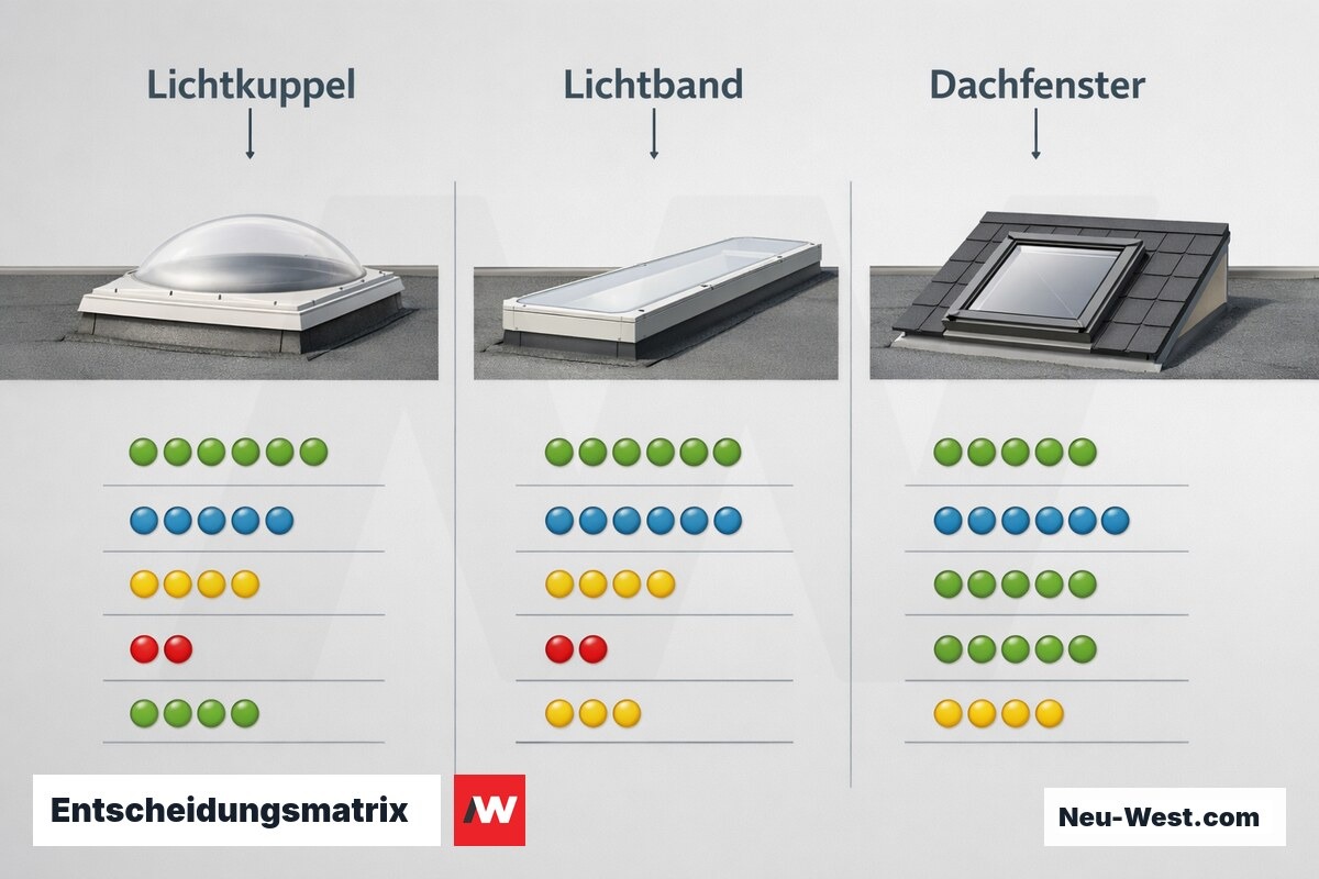 Entscheidungsmatrix: Lichtkuppel, Lichtband oder Dachfenster – Erklär-Grafik (NEUWEST Berlin)