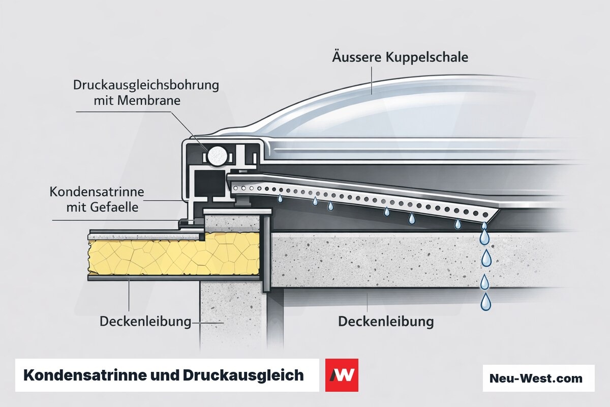 Querschnitt einer Lichtkuppel mit Druckausgleichsbohrung, Membrane und geneigter Kondensatrinne zur Tauwasserableitung nach außen.
