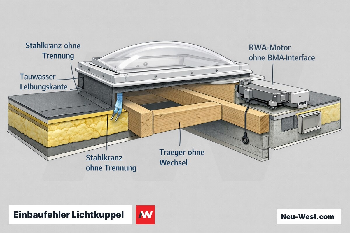 Querschnitt-Illustration einer Lichtkuppel mit drei Einbaufehlern: Wärmebrücke am Stahlkranz, fehlender Wechsel im Sparrenraster und RWA-Motor ohne Interface.