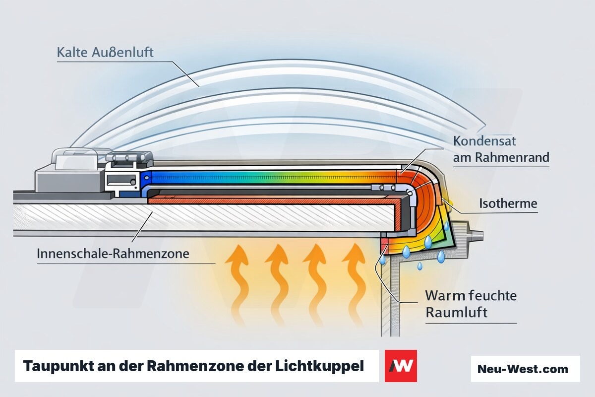 Querschnitt einer mehrschaligen Lichtkuppel mit Temperaturverlauf und Kondensatbildung an der kalten Rahmenzone der Innenschale.