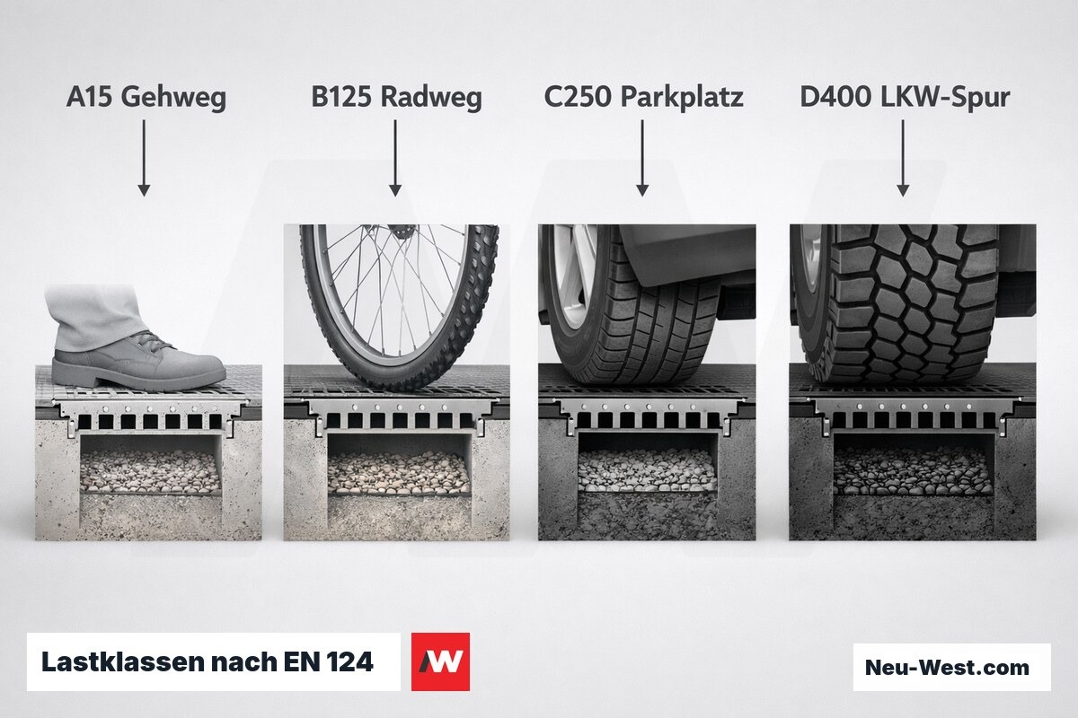 Lastklassen nach EN 124: Welche Abdeckung für welche Belastungszone? – Erklär-Grafik (NEUWEST Berlin)