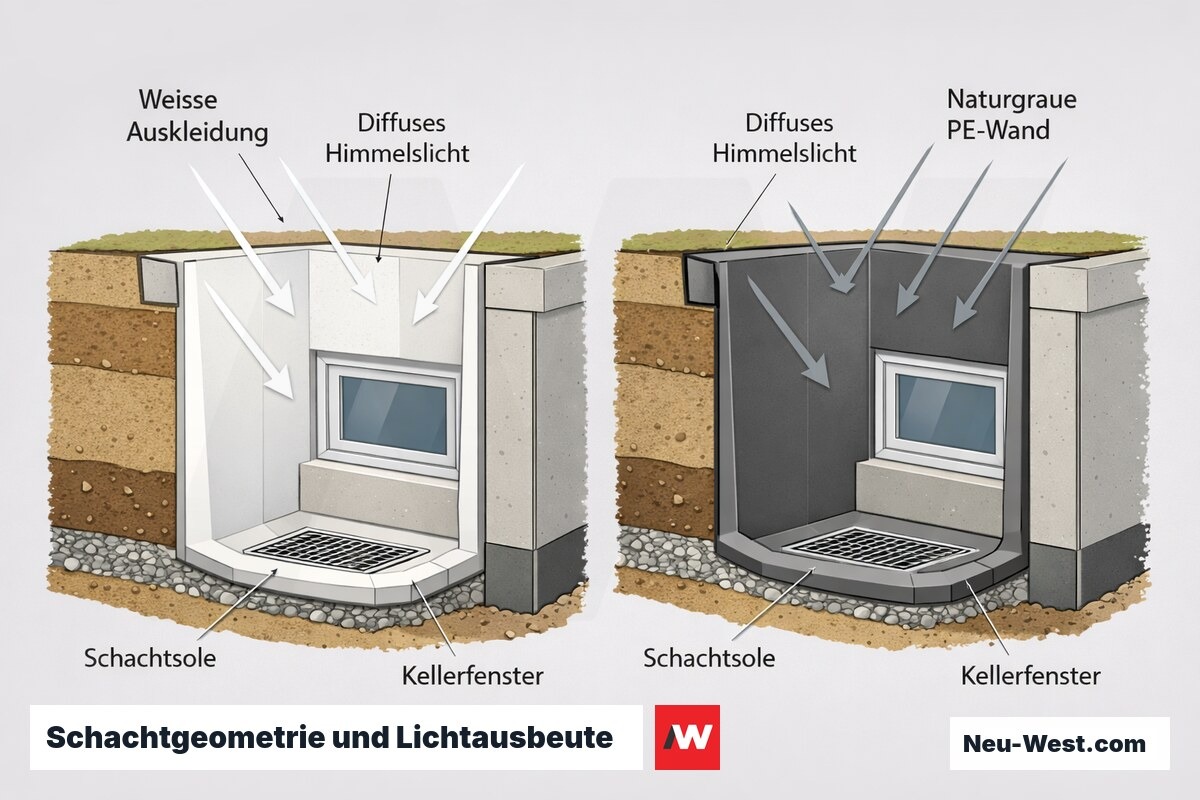 Querschnitt zweier Lichtschächte: weiße reflektierende Auskleidung gegenüber naturgrauer PE-Wand, diffuse Lichtstrahlen zum Kellerfenster.
