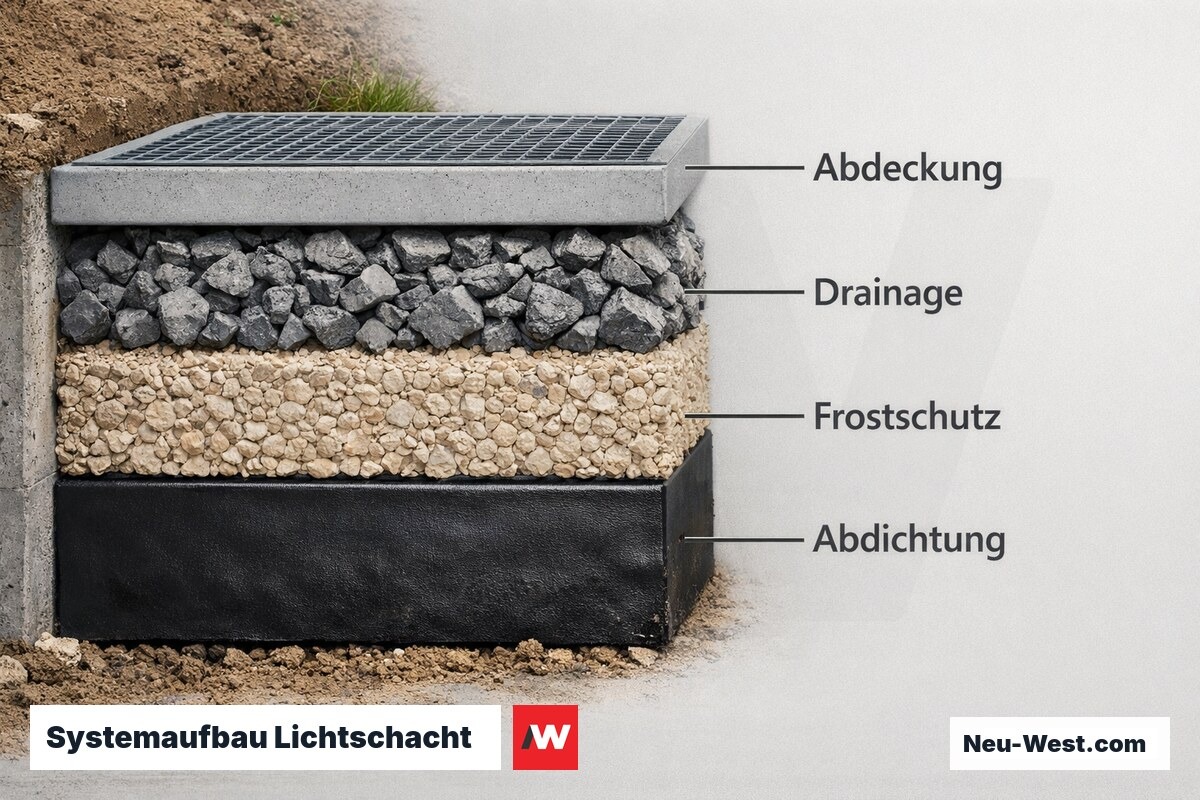 Systemaufbau Lichtschacht: Schichtfolge im Wandquerschnitt – Erklär-Grafik (NEUWEST Berlin)