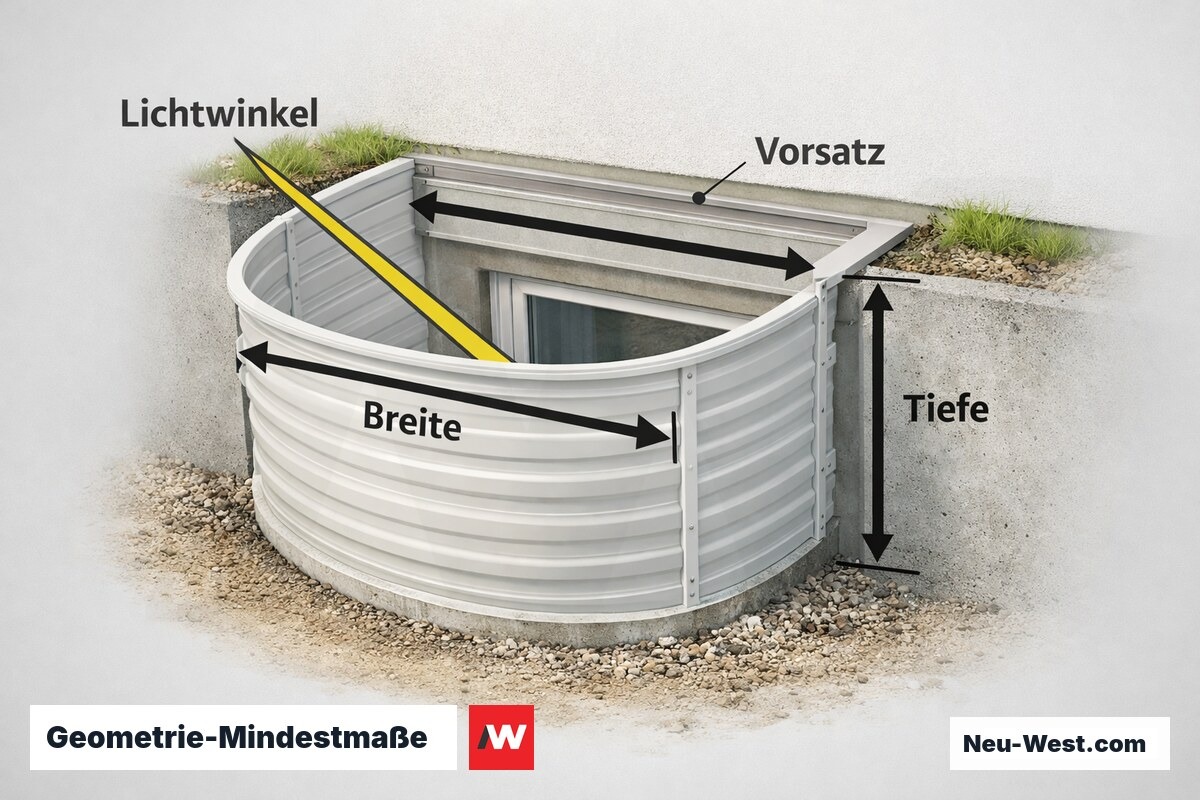 Geometrie-Mindestmaße: Lichtwinkel, Vorsatz und Schachttiefe – Erklär-Grafik (NEUWEST Berlin)