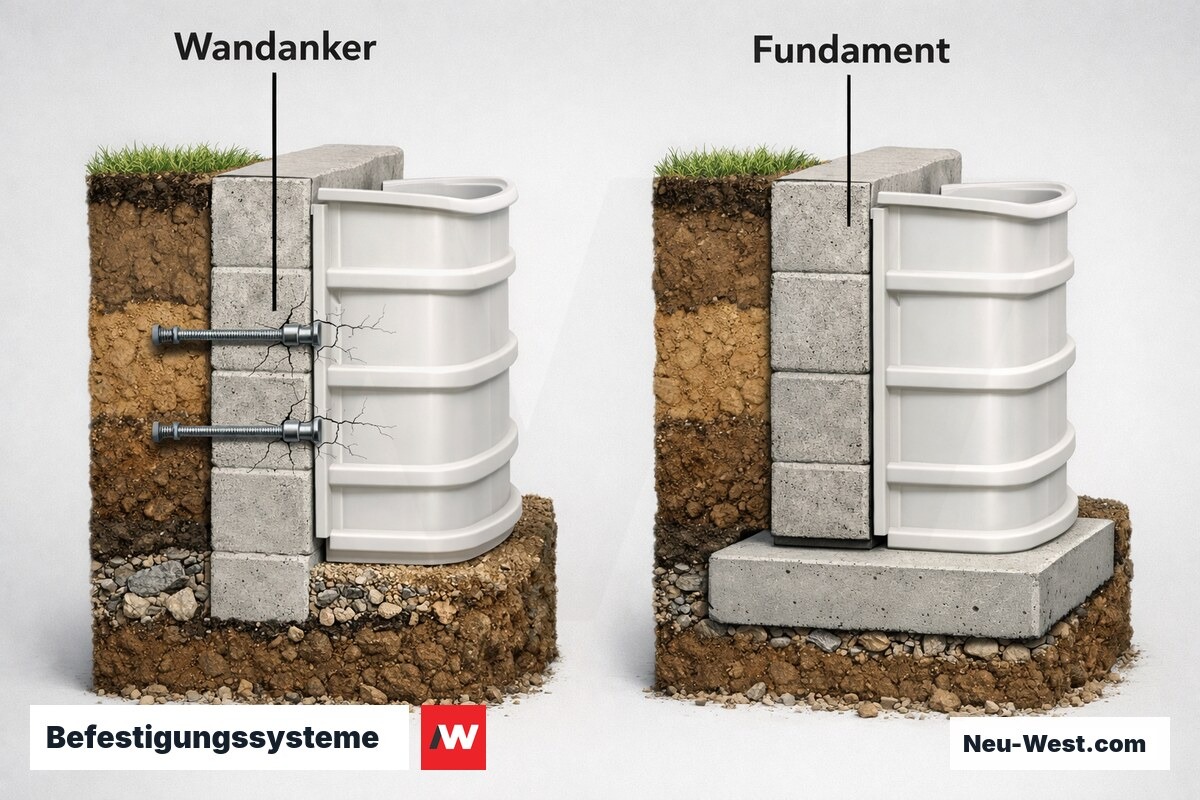 Befestigungssysteme: Wandverankerung vs. Fundamentstütze – Erklär-Grafik (NEUWEST Berlin)
