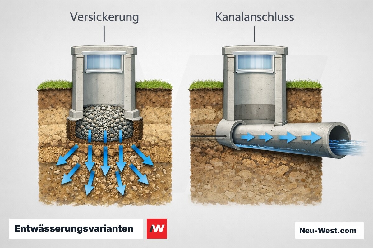 Entwässerungsvarianten: Versickerung oder Kanalanschluss – Erklär-Grafik (NEUWEST Berlin)