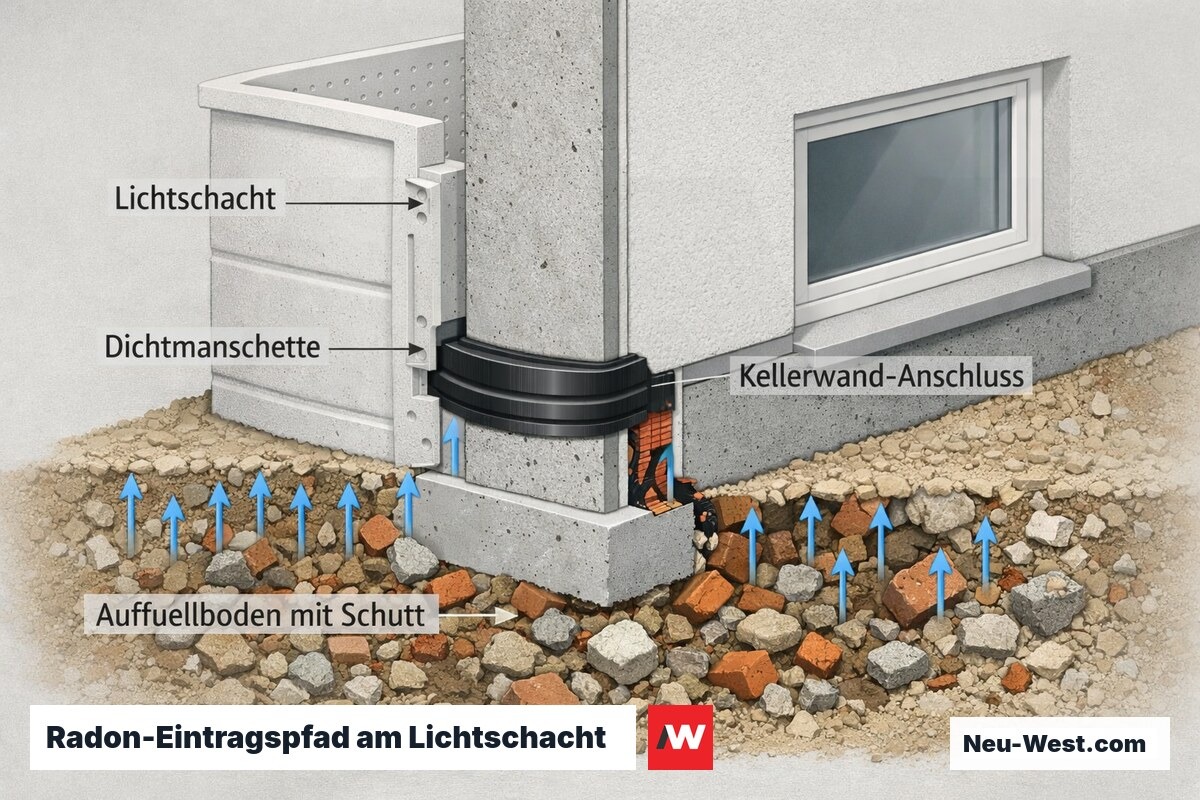 Querschnitt eines Lichtschacht-Anschlusses an der Kellerwand mit Dichtmanschette, die aufsteigendes Radon aus Berliner Auffüllboden abdichtet.