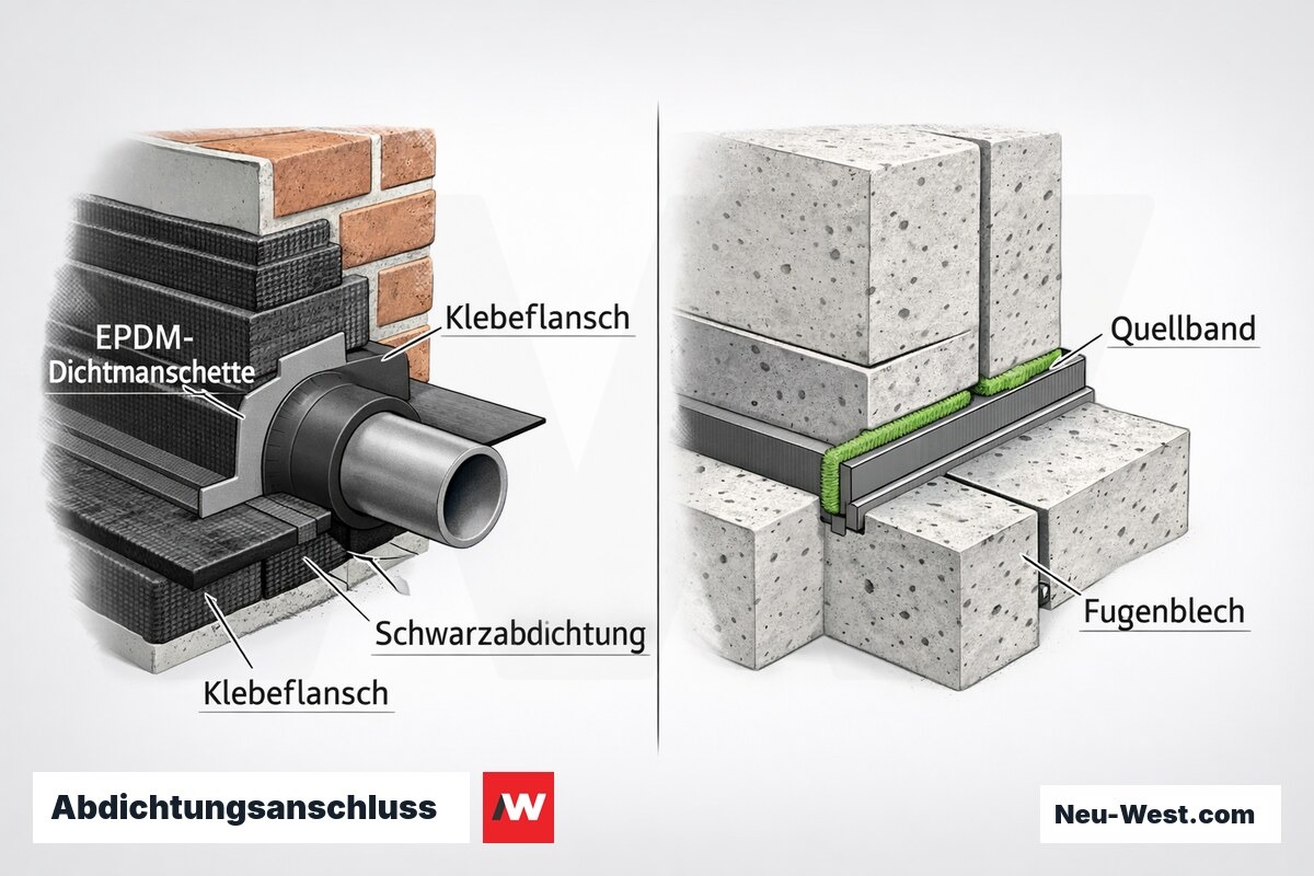 Cutaway-Detail des Abdichtungsanschlusses: Bitumen-Klebeflansch mit EPDM-Manschette links, WU-Beton mit Quellband und Fugenblech rechts.