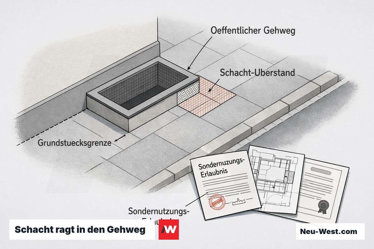 Draufsicht-Plan: Lichtschacht ragt über die Grundstücksgrenze in den öffentlichen Gehweg, mit Erlaubnis- und Plandokumenten – NEUWEST Berlin.