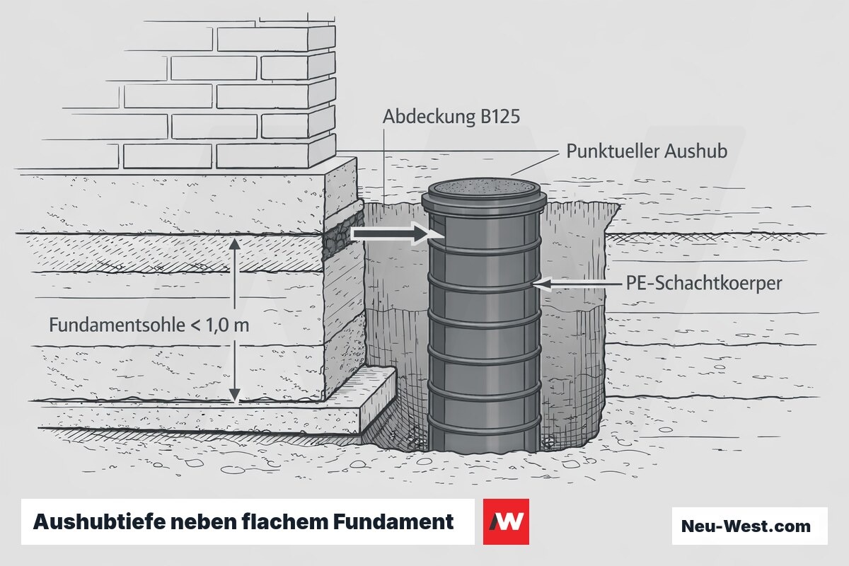 Querschnitt: flaches Gründerzeit-Fundament neben Aushubgrube mit PE-Schacht und B125-Abdeckung, Tiefenmaß unter 1,0 m.