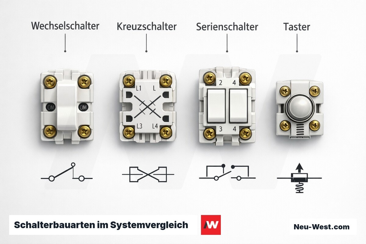 Schalterbauarten im Systemvergleich: Wechsel-, Kreuz-, Serien- und Taster – Erklär-Grafik (NEUWEST Berlin)