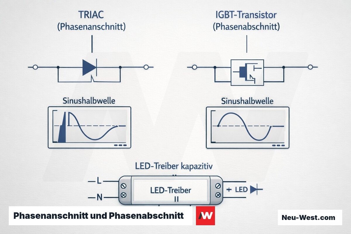 Schema-Vergleich zweier Dimmer-Verfahren: TRIAC-Phasenanschnitt mit steilem Halbwellenanfang gegen IGBT-Phasenabschnitt mit sanftem Start und LED-Treiber.