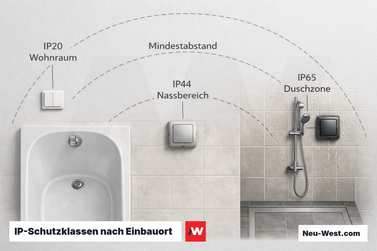 IP-Schutzklassen nach Einbauort: Norm-Installationszonen im Badezimmer – Erklär-Grafik (NEUWEST Berlin)