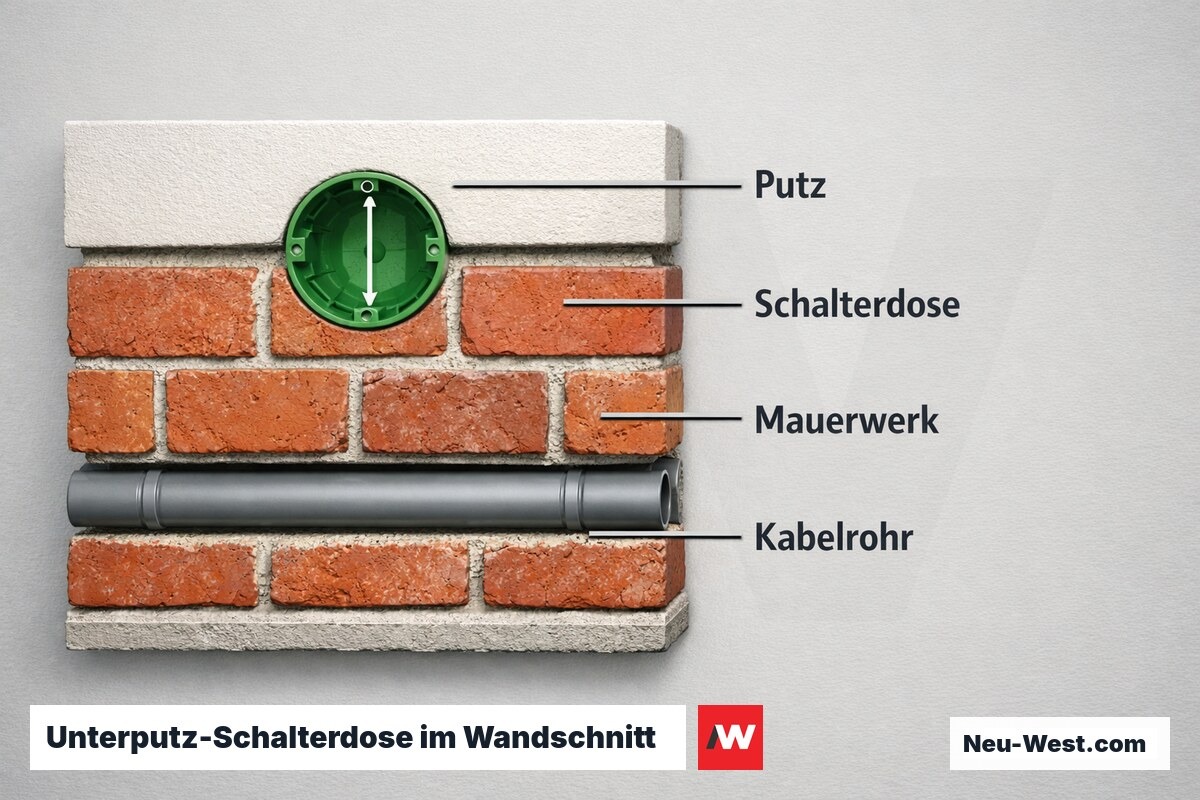 Unterputz-Schalterdose im Wandschnitt: Dosentiefe, Putzdicke und Kabelweg – Erklär-Grafik (NEUWEST Berlin)