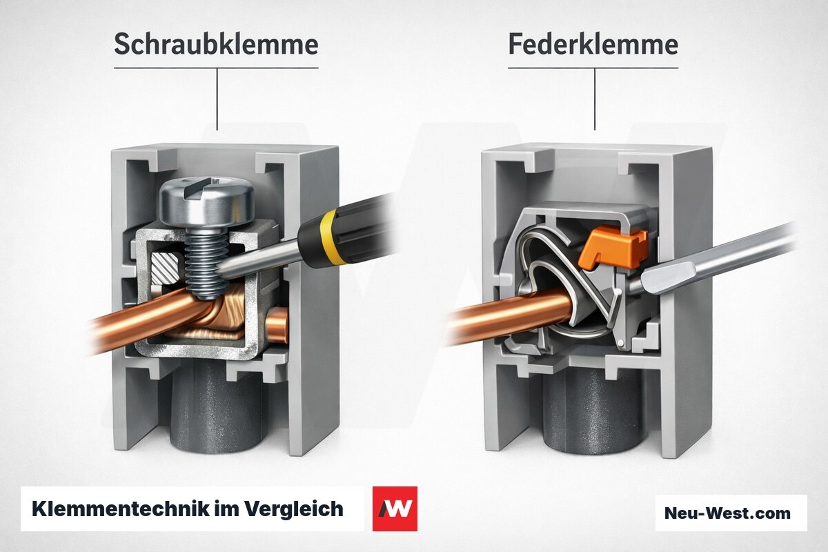 Klemmentechnik im Vergleich: Schraubklemme versus Push-in-Federklemme – Erklär-Grafik (NEUWEST Berlin)