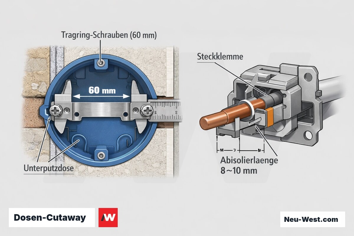 Cutaway einer Unterputzdose mit Tragring, 60-mm-Schraubenabstand und Detail einer NYM-J-Ader in der Steckklemme mit Abisolierlänge.
